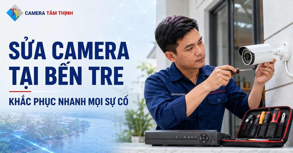 Kỹ thuật viên kiểm tra đầu ghi và sửa camera tại Bến Tre
