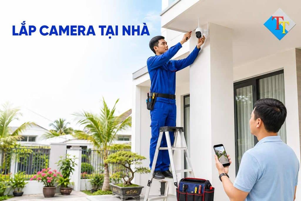 Kỹ thuật viên lắp camera tại nhà khách hàng