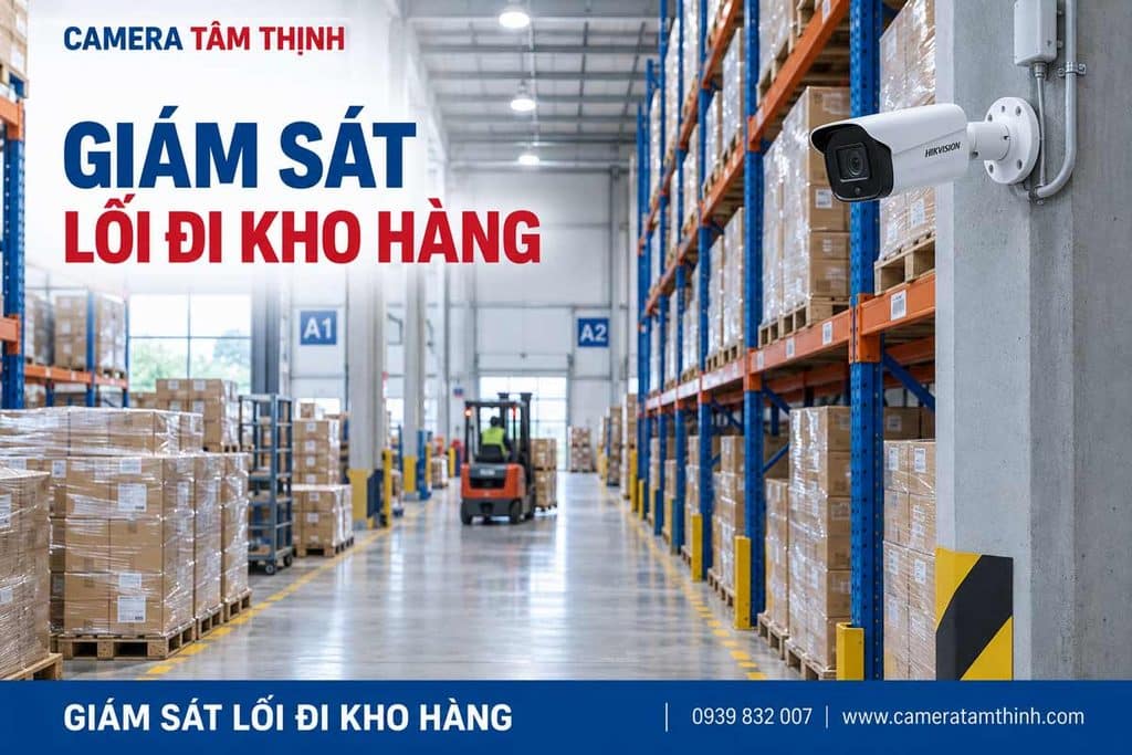 Camera giám sát lối đi giữa các dãy kệ hàng