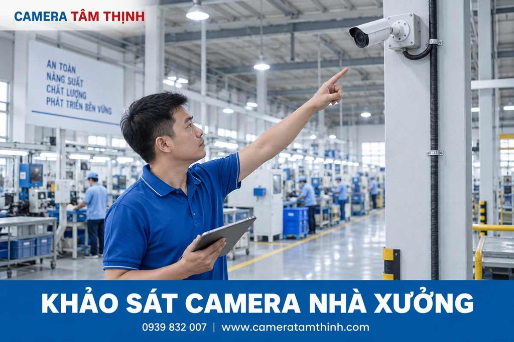 Kỹ thuật viên khảo sát vị trí lắp camera nhà xưởng
