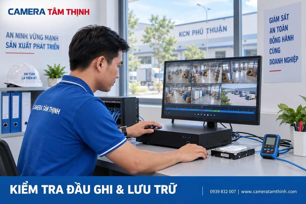 Kiểm tra đầu ghi và khả năng lưu trữ camera nhà xưởng