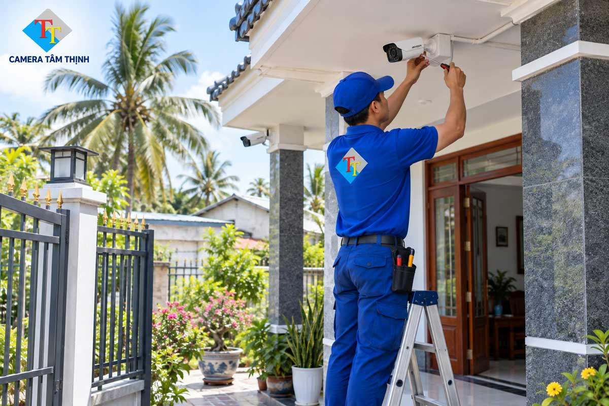 Kỹ thuật viên lắp camera chống trộm cho nhà ở tại Ba Tri.
