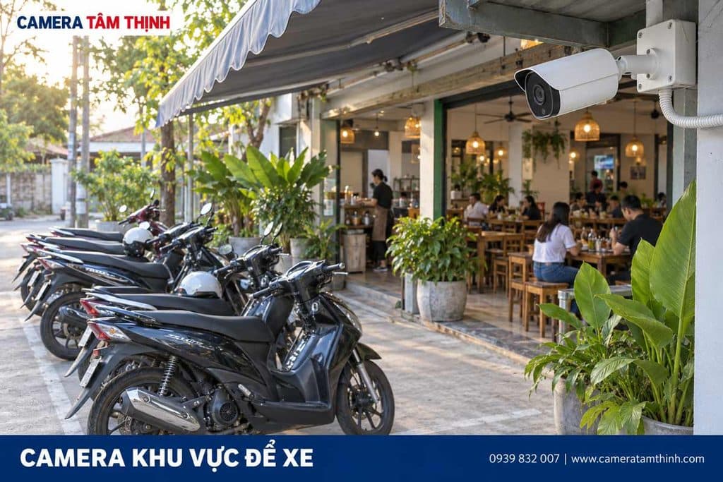 Camera quan sát chỗ để xe phía trước quán ăn