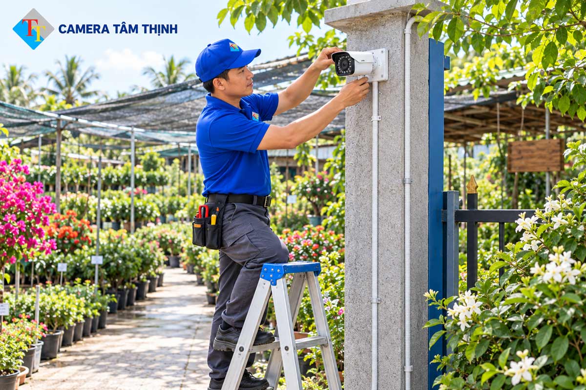 Kỹ thuật viên lắp camera chống trộm tại vườn cây giống ở Chợ Lách.