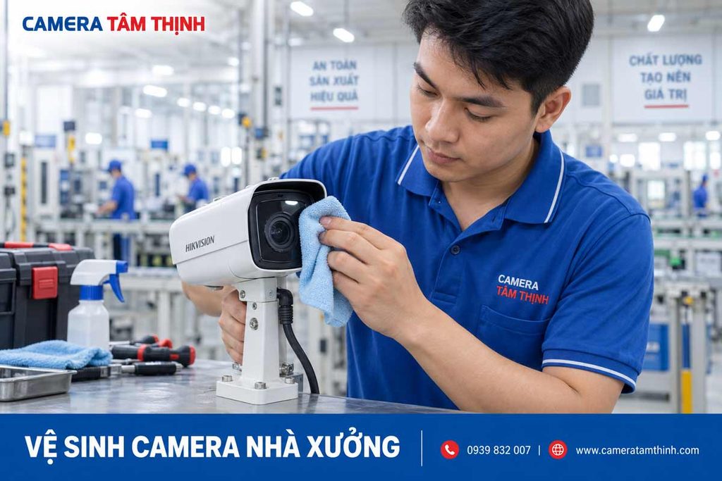 Kỹ thuật viên vệ sinh camera trong nhà xưởng